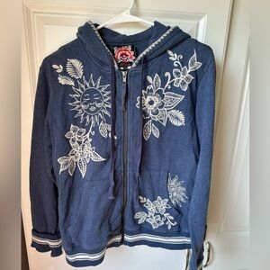 Johnny Was Blue Jacket with White Embroidery